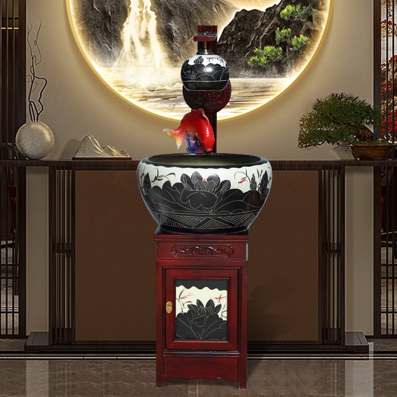 景德镇陶瓷循环流水喷泉鱼缸柜式底柜/落地缸