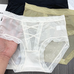 女網(wǎng)紗半透明性感純欲純棉透氣抗菌檔中腰三角褲 3送1法式 蕾絲內(nèi)褲