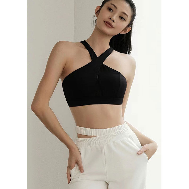 AimeicGym Sexy欧美网纱拼接透气内衣交叉肩带带胸垫性感运动文胸