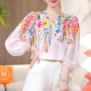 袖年上衣减龄春季v花色领小清新甜美2025雪纺女人味衬衫时尚灯笼