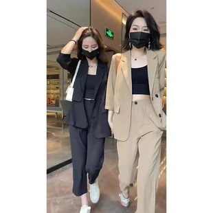 大码网红西装套装女新款气质休闲洋气高腰外套薄款七分时尚两件套