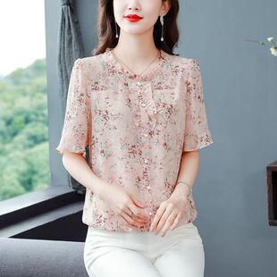 短袖碎花雪纺衫女夏季妈妈装新款洋气妈减龄显瘦上衣宽松遮肚小衫