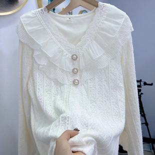 荷叶边V领竖纹宽松大码气质水貂绒秋冬季加绒新套头蕾丝长袖衬衫