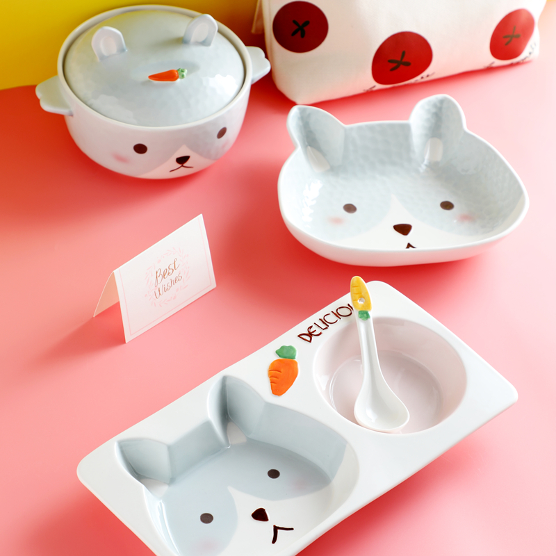 卡通兔子仓鼠宝宝陶瓷碗盘套装儿童分隔分格盘家用早餐盘子沙拉碗|msdalam kategori pinggan mangkuk, pinggan mangkuk, Bowl - dari Buy2taobao.com untuk memberikan perkhidmatan ejen Taobao profesional membeli