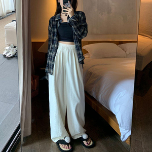 慵懒宽松醋酸褶皱直筒休闲裤女小个子韩版显瘦高腰垂感拖地阔腿裤