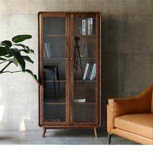 黑胡桃色实木双门书柜简约防尘玻璃柜书房收纳原木北欧书橱大容量