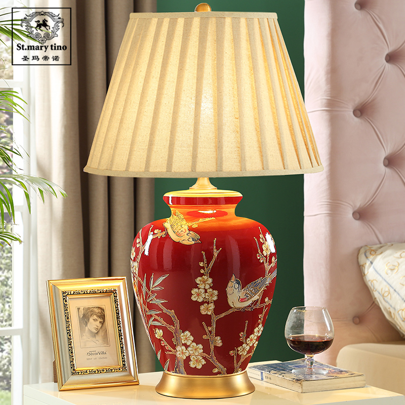 全铜铜红色床头柜房间陶瓷台灯