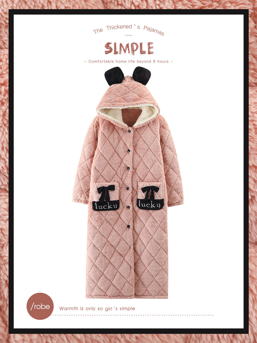 NIGHTGOWN WOMENS AUTUMN AND WINTER CORAL VELVET THREE-LAYER COTTON PADDED PILE THICKENED AND LONG CUTE PAJAMAS WOMENS WINTER HOODED BATHROBE