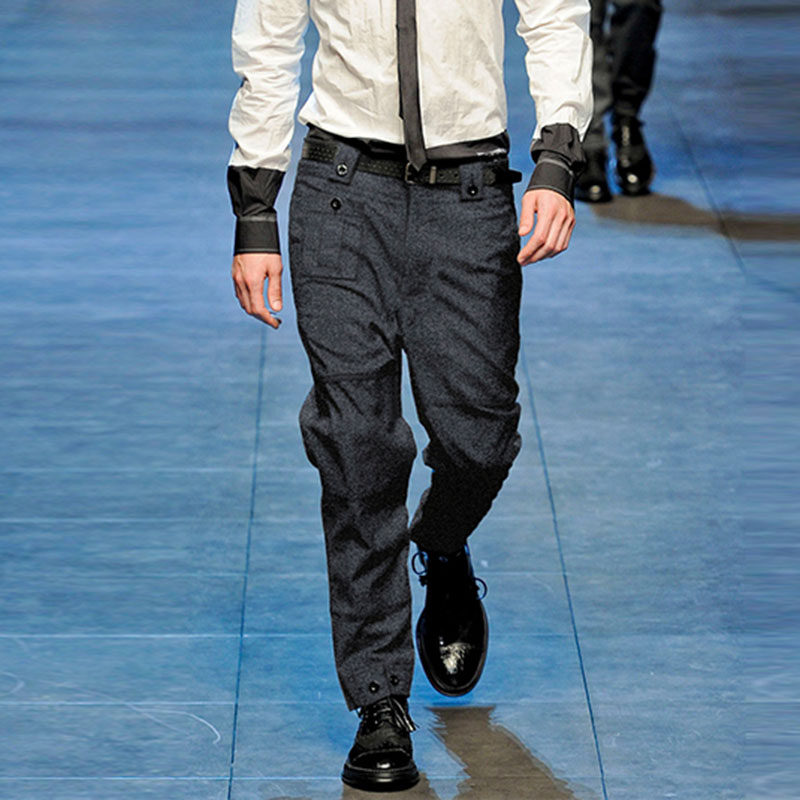 秋冬新款男士羊毛休闲裤欧美时尚纯色修身免熨纯色毛呢长裤小脚裤