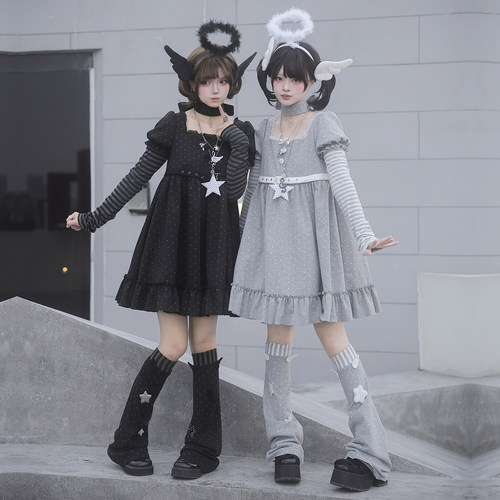 【Yume】withpuji原创设计 古早甜酷天使宽松A版波点连衣裙双子秋