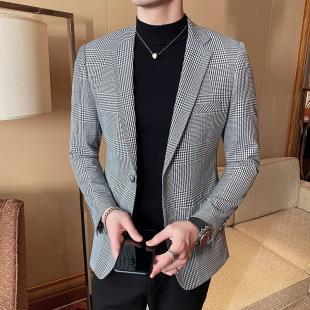 欧洲站2023春秋季 青年男明星歌手韩版 休闲单件潮款 单西服 格子西装