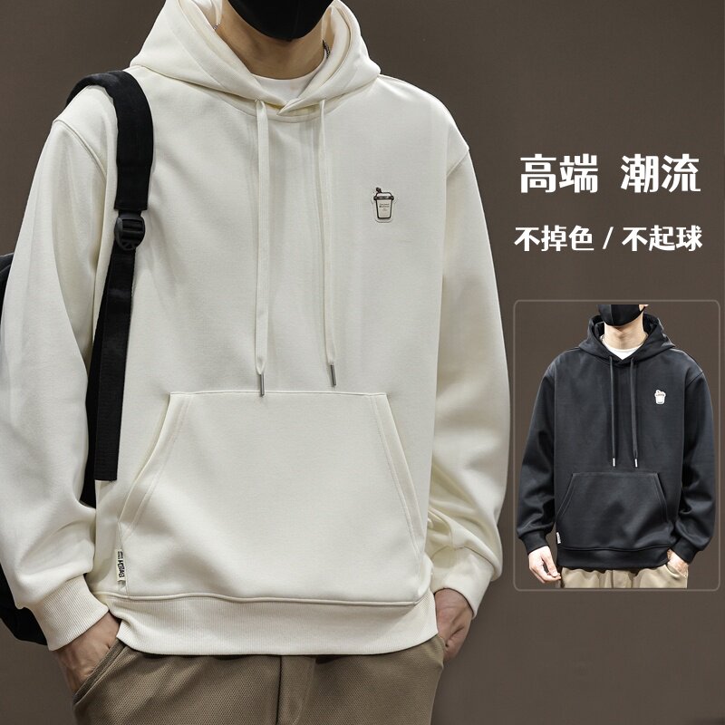 高端美式连帽卫衣男款秋季潮牌宽松大码2025新款纯色休闲套头外套