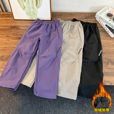 女童加绒冲锋裤子冬季2025新款儿童休闲秋冬加厚一体绒直筒运动裤