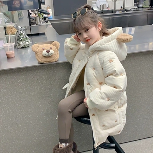 GBUBG 女童2026秋冬季新款小熊连帽棉服可爱中长款儿童外套羽绒服