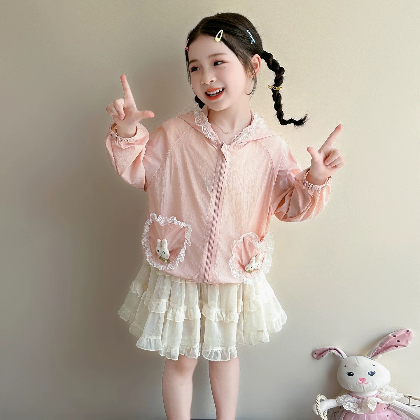 女童夏季蕾丝防晒衣2026新款儿童可爱兔子薄款透气防紫外线外套