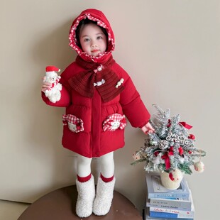GBUBG 女童2026秋冬季新款格纹连帽棉服卡通中长款外套洋气羽绒服
