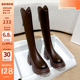 2025秋冬季 新款 v口棕色长靴厚底大筒围英伦风百搭骑士靴长筒靴子