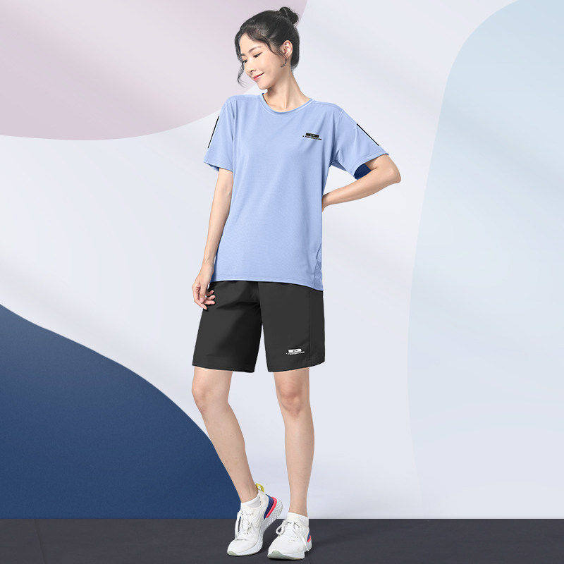 女士夏季速干跑步运动套装冰丝宽松大码短袖T恤瑜伽上衣健身服