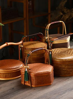 手工竹编提篮手提复古篮子竹双层食盒月饼礼盒便携茶道茶具收纳盒