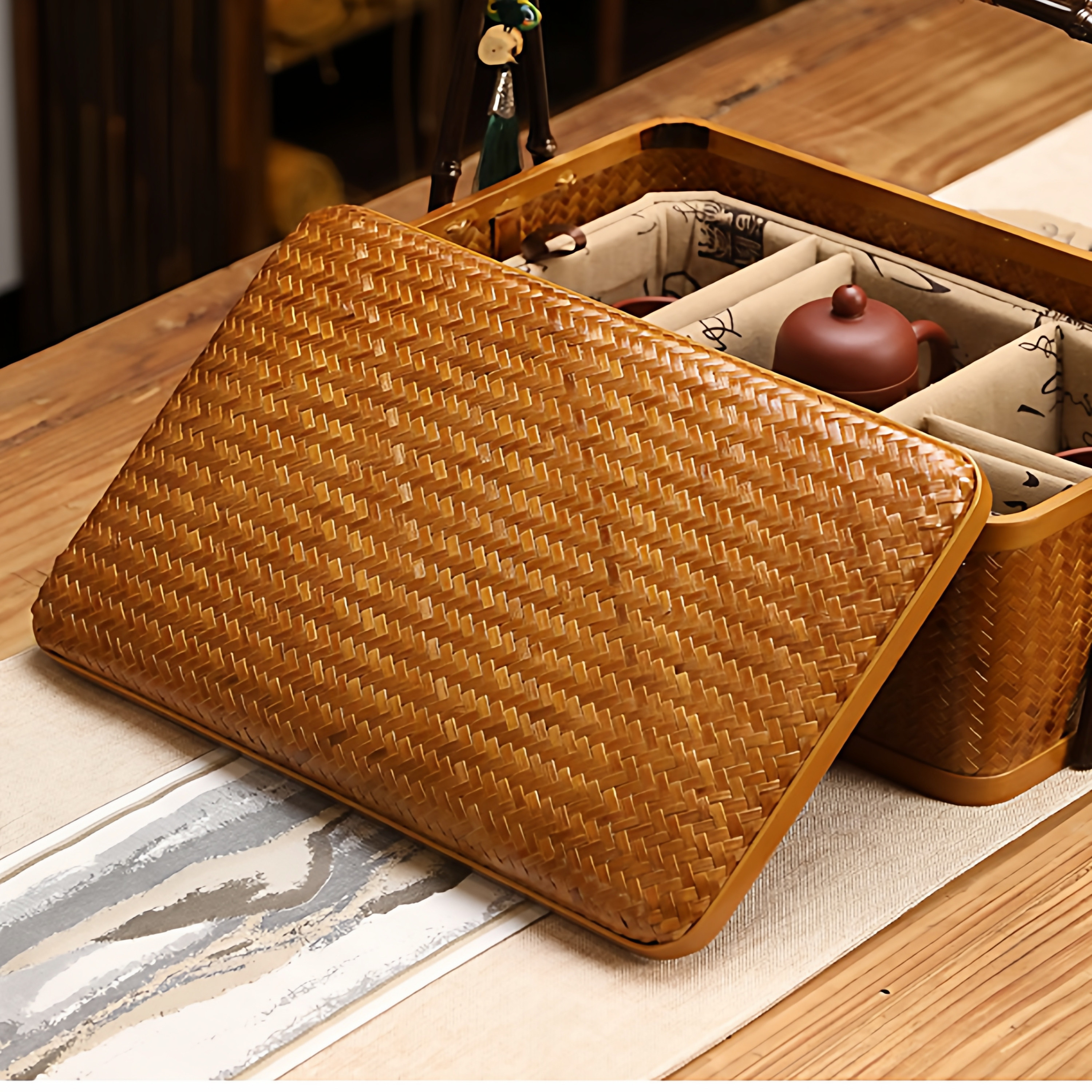 手提竹编篮子复古食盒紫竹双层带盖提篮茶具收纳篮户外手提篮便携,收纳整理,茶具收纳盒,淘宝优惠券,粉丝福利购,淘宝优惠卷