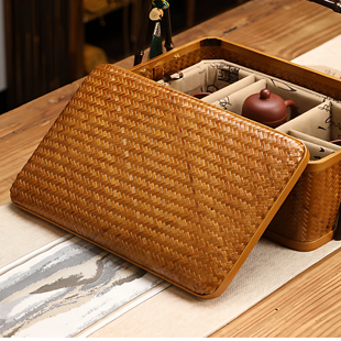 手提竹编篮子复古食盒紫竹双层带盖提篮茶具收纳篮户外手提篮便携