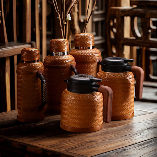 竹编保温壶大漆复古热水壶