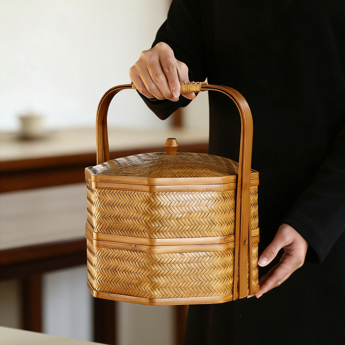 手工竹编大漆提篮双层食盒中式复古茶具收纳盒点心月饼礼盒野餐篮