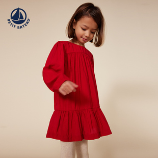 【断码特惠】法国Petitbateau小帆船童装女童红色长袖连衣裙A0B1Y