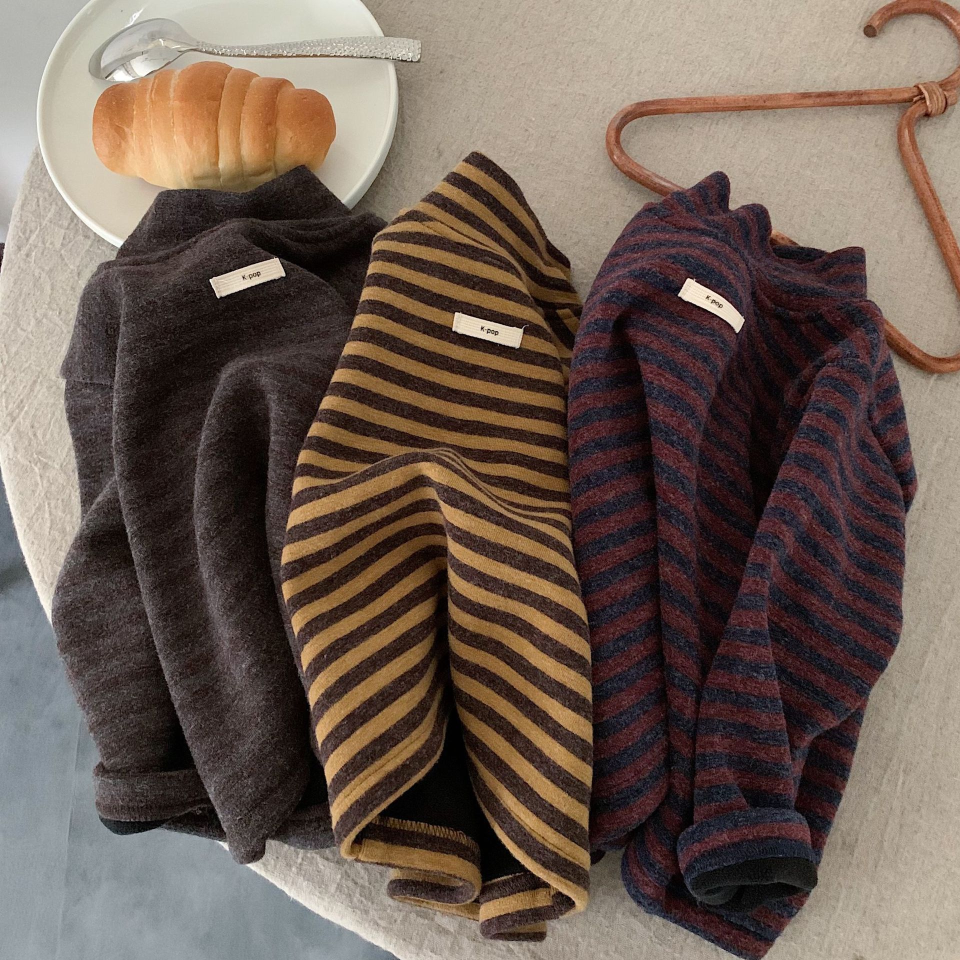 儿童加绒打底衫冬款男童加厚条纹长袖T恤宝宝半高领内搭保暖上衣