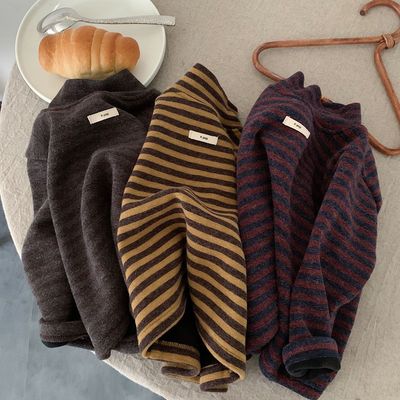 儿童加绒打底衫冬款男童加厚条纹长袖T恤宝宝半高领内搭保暖上衣