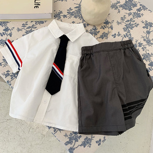 男童短袖衬衣两件套儿童白色衬衫套装夏季宝宝西装裤中小童礼服潮