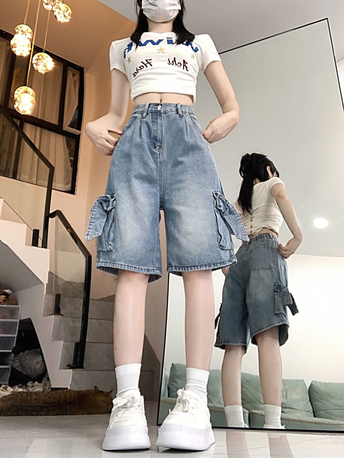 做旧蝴蝶结高腰牛仔中裤女款夏季a字显瘦阔腿宽松直筒休闲热裤子