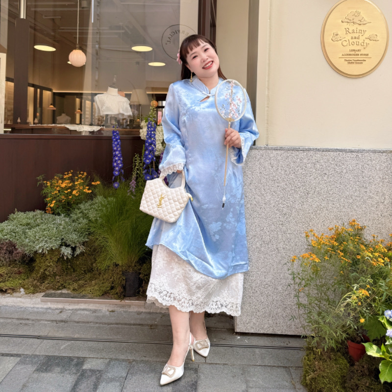 胖mm特大码女盘扣提花旗袍连衣裙