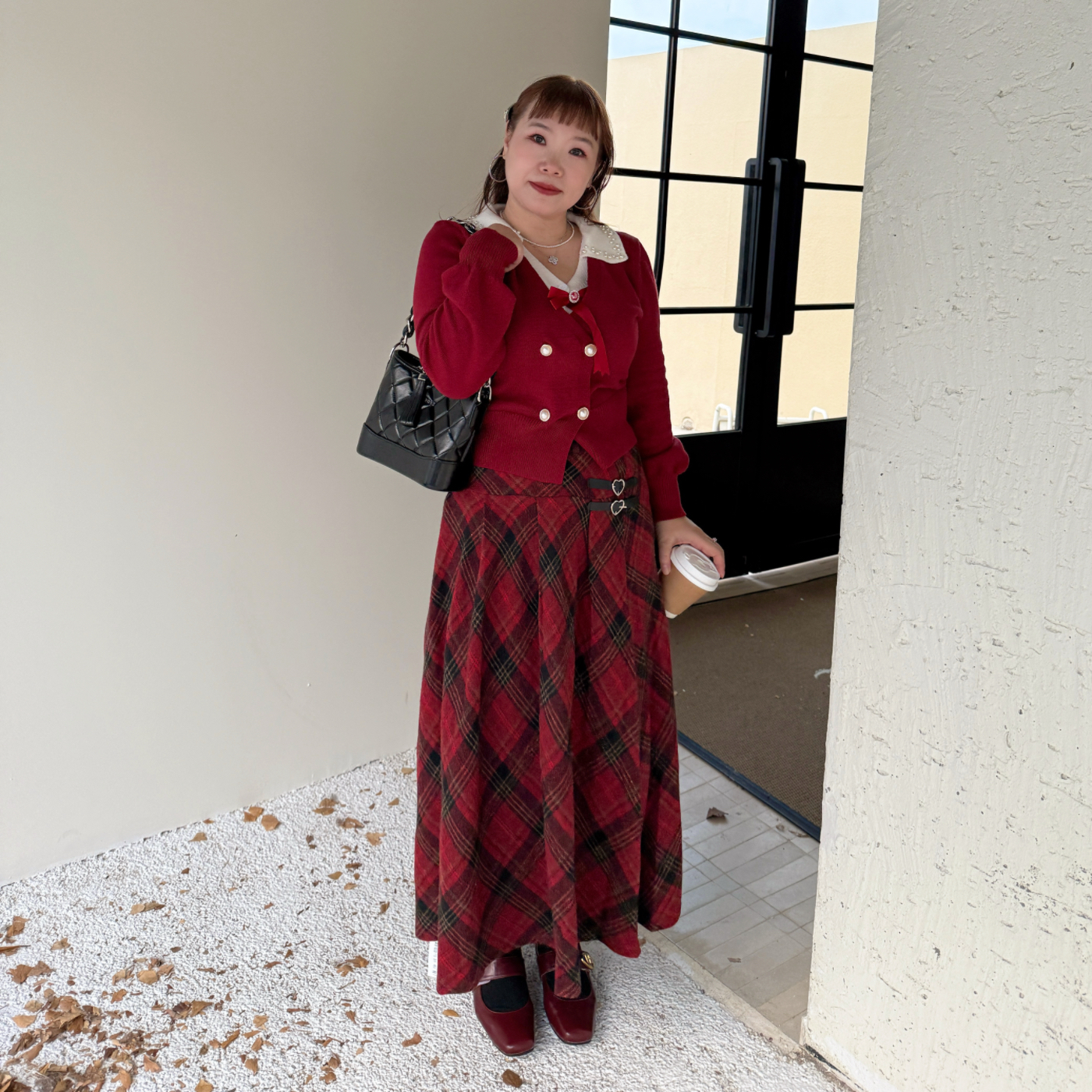 蝴蝶结毛衣格纹半身裙两件套裙