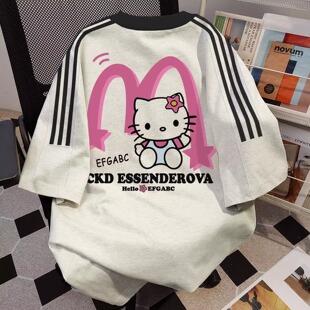 宽松三条杠Kitty猫上衣服 纯棉美式 高街凯蒂猫短袖 t恤女夏季 新款