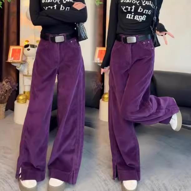 欧货紫色灯芯绒阔腿裤高腰显瘦