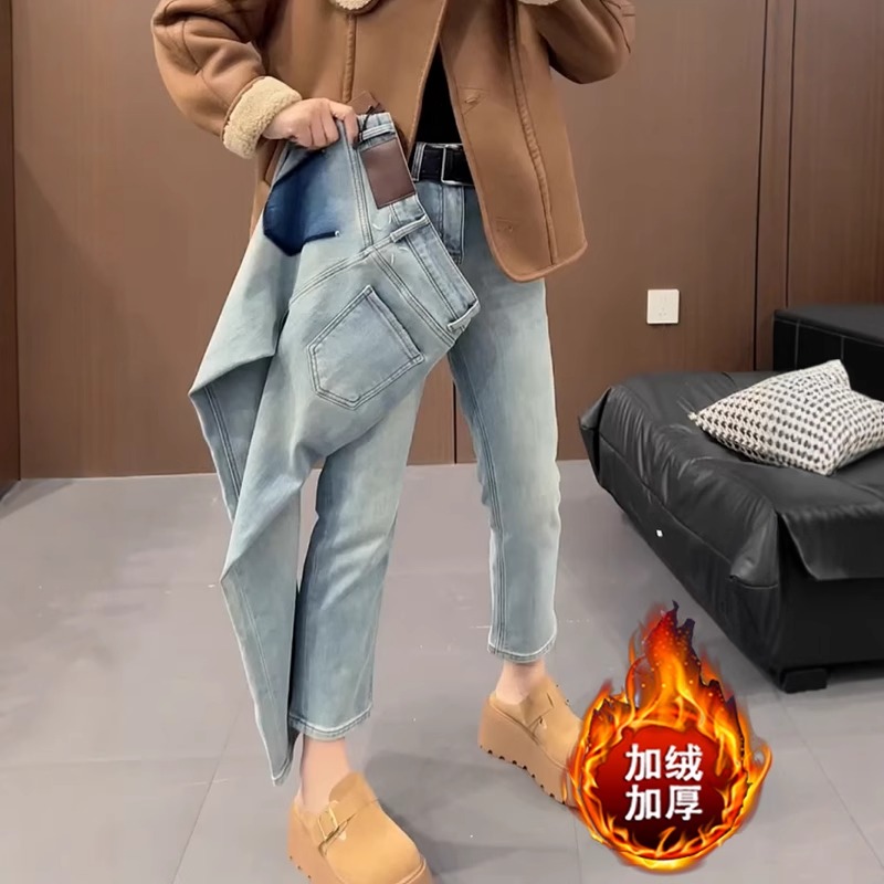 大码显瘦加绒牛仔裤女士新款