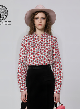 kodice春秋新款红色印花衬衫雪纺衬衣上衣长袖链条套头时尚女装