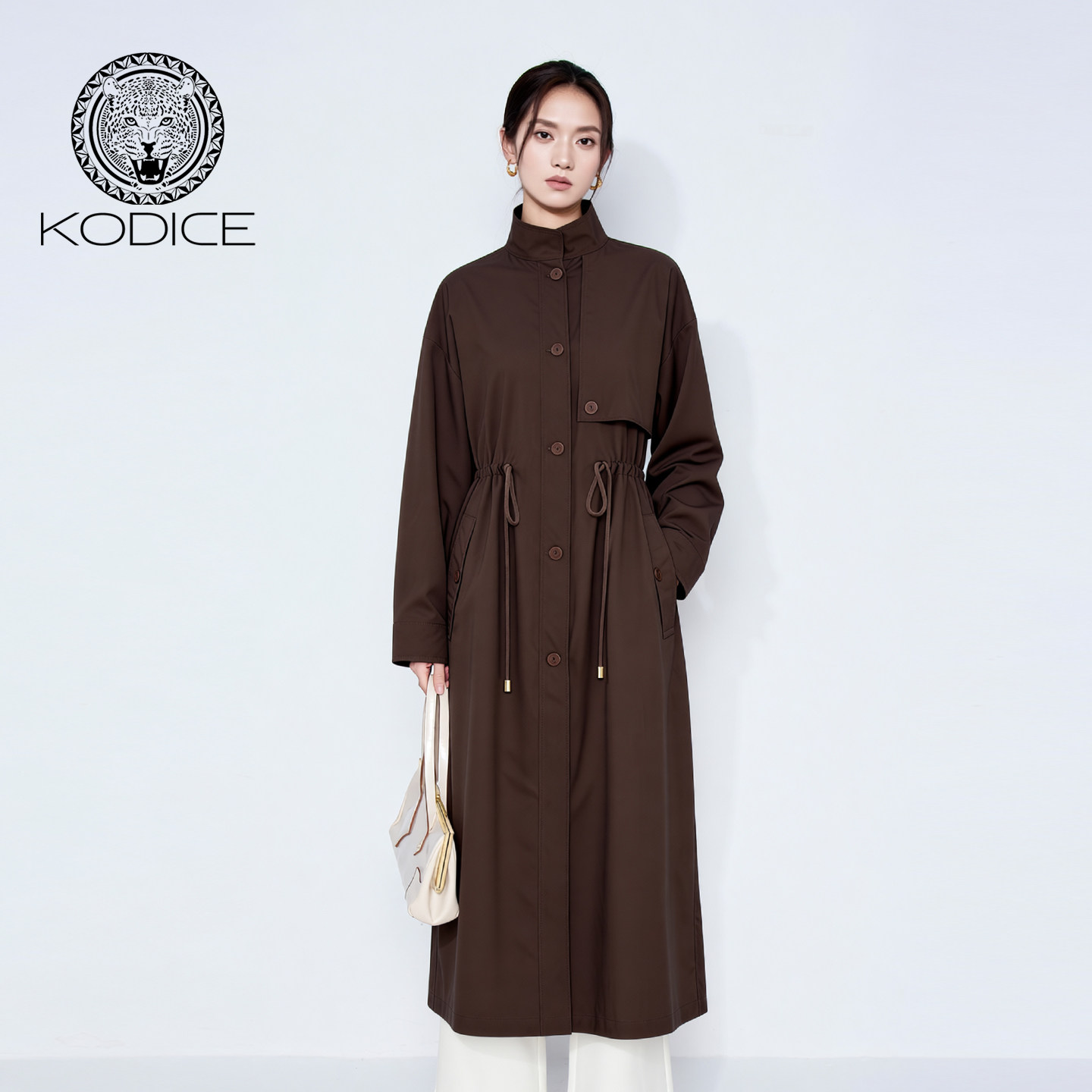 kodice2026春新款咖色立领长款廓形风衣外套抽绳收腰时尚气质女装,女装/女士精品,风衣,淘宝优惠券,粉丝福利购,淘宝优惠卷