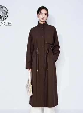 kodice2026春新款咖色立领长款廓形风衣外套抽绳收腰时尚气质女装