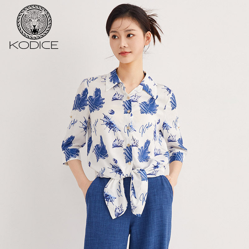 KODICE翻领印花衬衣上衣女士衬衫秋款雪纺延长下摆短袖桑蚕丝度假