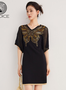 KODICE黑色烫钻连衣裙女装夏季新款气质蝴蝶印花网纱拼接短袖裙子