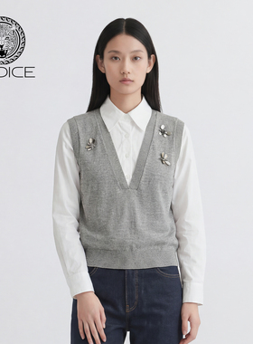 kodice2026春新款灰色假两件针织马甲上衣翻领长袖立体花朵气质女