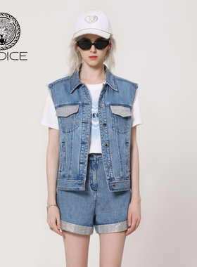 kodice春秋新款蓝色棉质牛仔马甲烫钻翻领单排扣无袖外套时尚女装