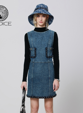 秋冬新款kodice蓝色棉质圆领无袖连衣裙子修身小香风花边珠链时尚