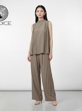 kodice2026春新款绿色立领无袖廓形上衣宽松直筒裤子气质时尚老钱