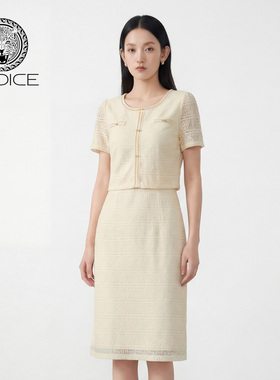 kodice2026春新款小香风圆领短袖提花连衣裙子气质法式时尚优雅女