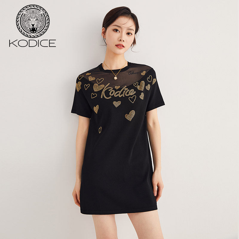 KODICE烫钻T恤连衣裙女装春夏新款黑色爱心轻奢拼接微透裙子时尚,女装/女士精品,连衣裙,淘宝优惠券,粉丝福利购,淘宝优惠卷