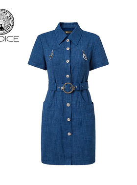 KODICE春夏新款蓝色翻领连衣裙子收腰短袖工装裙时尚百搭流行女装