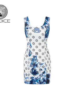 kodice春夏新款白色印花连衣裙子烫钻背心裙无袖修身短裙女装时尚